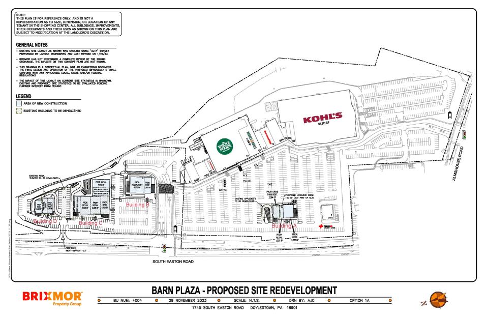 Proposed site development plan for the Barn Plaza shopping center in Doylestown Township.