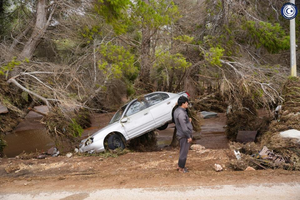 A car sits partly suspended in trees after being carried by floodwaters in Derna (AP)