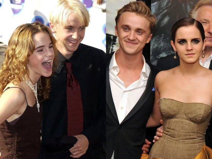 On the left: Emma Watson and Tom Felton in September 2003. On the right: Felton and Watson in July 2011.