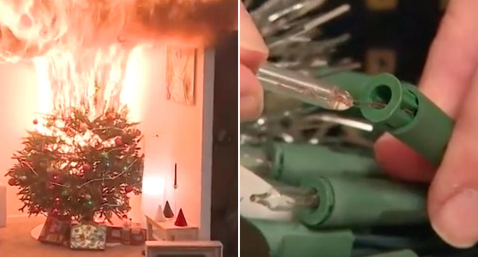 A Christmas tree goes up in flames while a Fair Trading officer shows lights purchased at a $2 store with bulbs that break off. Source: 7 News (file) and 7 News