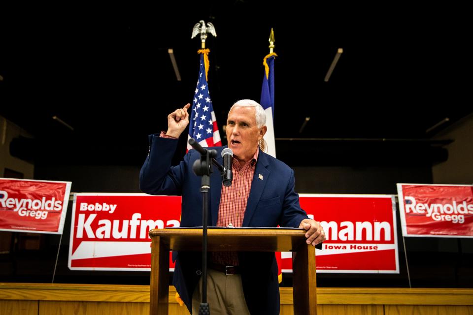 Former Vice President Mike Pence speaks during the 15th Annual Kaufmann Family Harvest Dinner, Thursday, Sept. 29, 2022, at the Wilton Community Center in Wilton, Iowa.