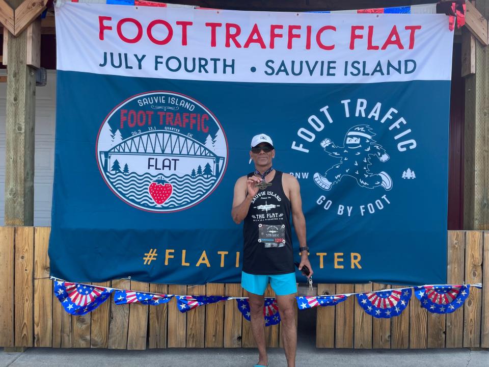 Portsmouth's Ranjeet Singh completed the Foot Traffic Flat Fourth of July Sauvie Island Marathon on Tuesday in a time of 3 hours, 44 minutes and 19 seconds.