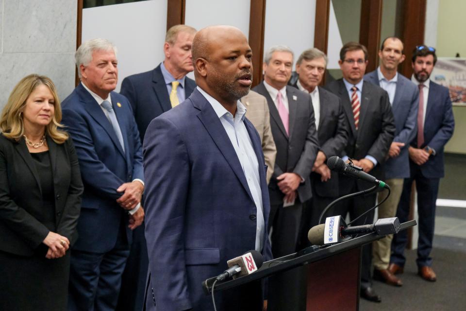 State Representative Chris England talks during a press conference where elected officials advocate for the construction of the West Alabama Highway at the Chamber of Commerce of West Alabama Thursday, Oct. 19, 2023 in Tuscaloosa.