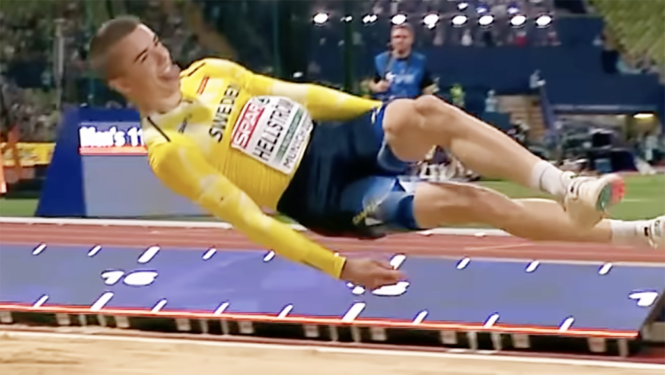 Sweden's Jesper Hellstrom didn't exactly nail this attempt in the triple jump final at the European Championships in Germany. Picture: Instagram