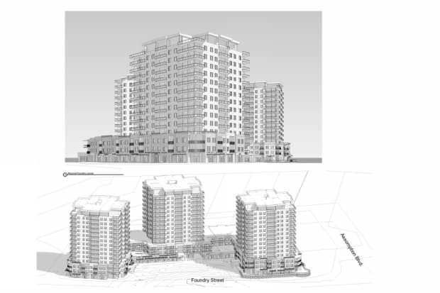 A Sackville, N.B., developer wants to build three 14-storey apartment buildings in downtown Moncton. (City of Moncton - image credit)