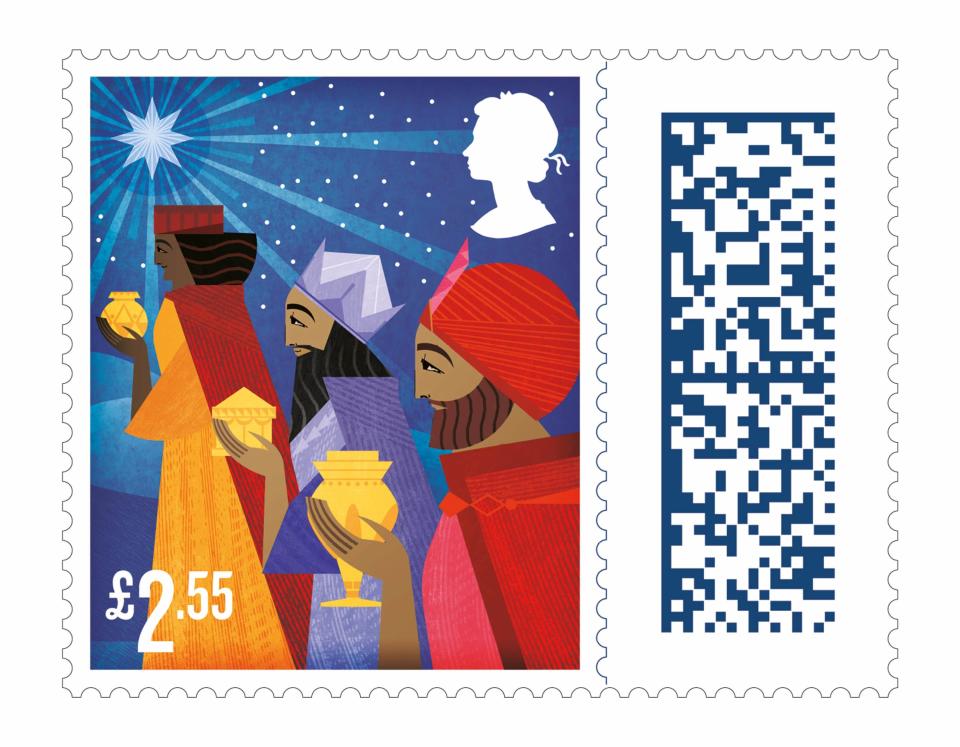 The stamps feature various scenes from the Nativity story plus the late Queen's silhouette. (PA Images)