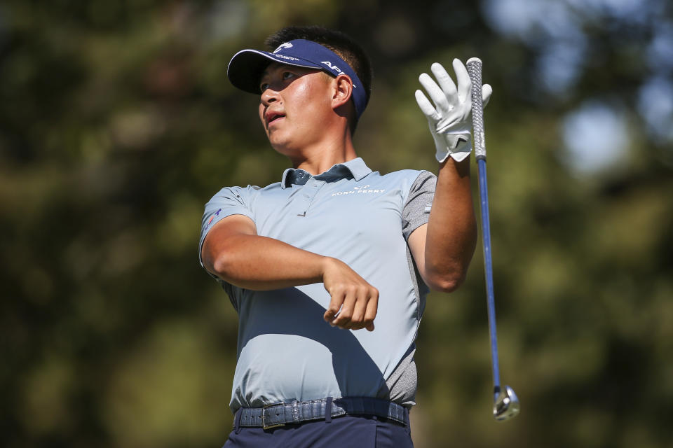 Carl Yuan, of China, reacts after his shot from the fourth tee box during the final round of the Sanderson Farms Championship golf tournament in Jackson, Miss., Sunday, Oct. 8, 2023. (James Pugh/impact601.com via AP)