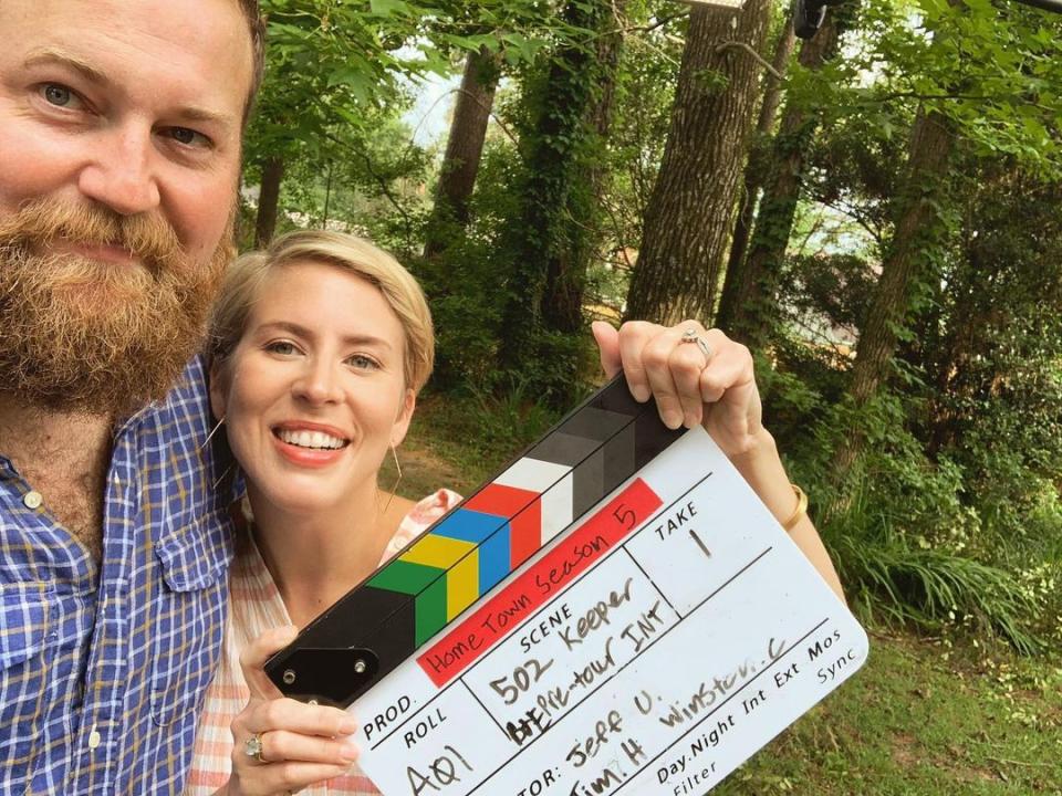 Erin and Ben Napier behind the scenes of HGTV's 'Home Town'