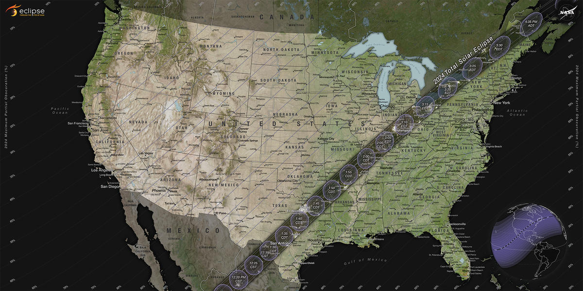 People along the path of totality stretching from Texas to Maine will have the chance to see a total solar eclipse; outside this path, a partial solar eclipse will be visible. (Nasa)