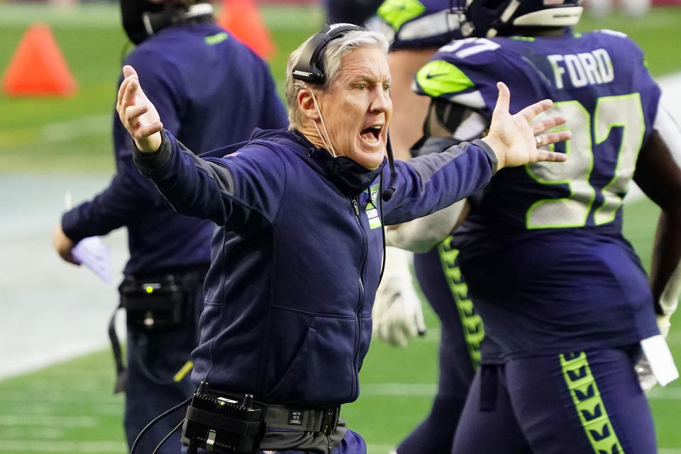 Seattle Seahawks head coach Pete Carroll reacts during the first half of an NFL football game against the San Francisco 49ers, Sunday, Jan. 3, 2021, in Glendale, Ariz. (AP Photo/Rick Scuteri)