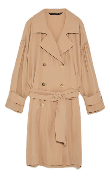 <p>When rain is forecast why not don a trench-inspired dress? Accessorise with a trusty brollie for good measure.<br><em><a rel="nofollow noopener" href="https://www.zara.com/uk/en/woman/new-in/oversized-trench-dress-c840002p4874541.html" target="_blank" data-ylk="slk:Zara;elm:context_link;itc:0;sec:content-canvas" class="link ">Zara</a>, £69.99</em> </p>