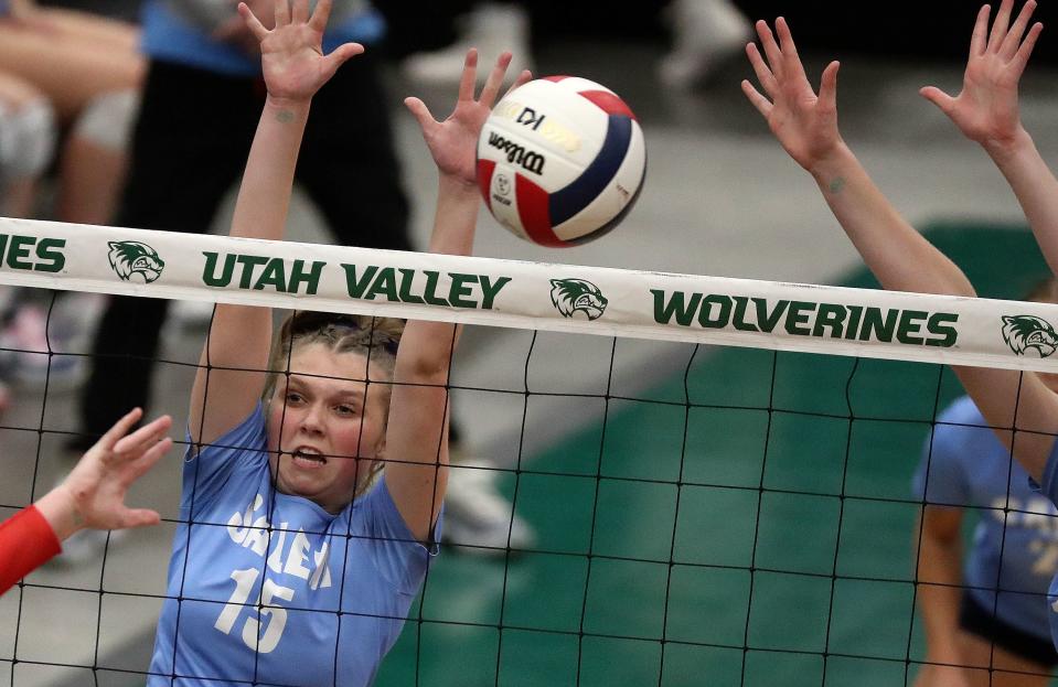 Salem Hills plays Woods Cross in a 5A volleyball state tournament quarterfinal game at the UCCU Center in Orem on Thursday, Nov. 2, 2023. Woods Cross won 3-2. | Kristin Murphy, Deseret News