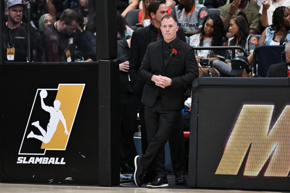 LAS VEGAS, NEVADA - AUGUST 17: Head coach Brendan Kirsch of Mob looks on against the Lava during a SlamBall game at the Cox Pavilion on August 17, 2023 in Las Vegas, Nevada. (Photo by Candice Ward/Getty Images for SlamBall)