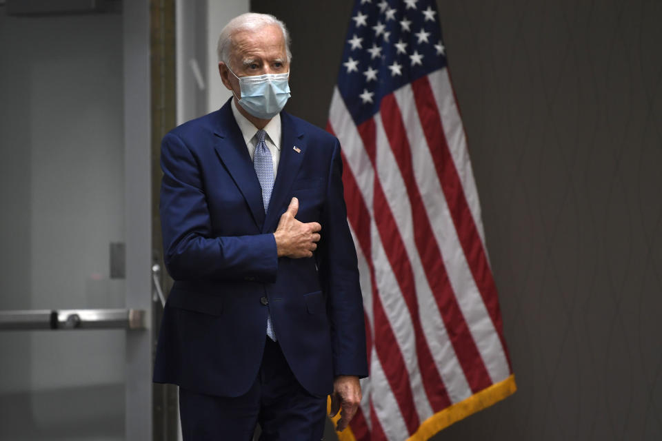 Democratic presidential candidate, former Vice President Joe Biden arrives to speak during an event in Dover, Del., Friday, June 5, 2020. (AP Photo/Susan Walsh)