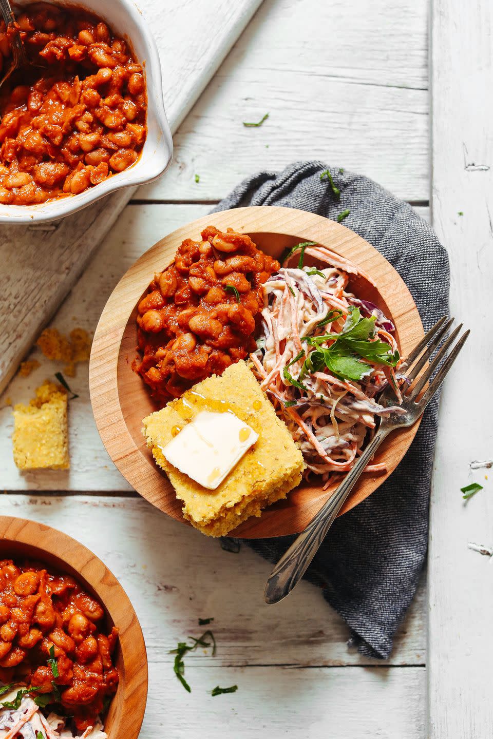 14) BBQ Baked Beans with Cornbread and Coleslaw