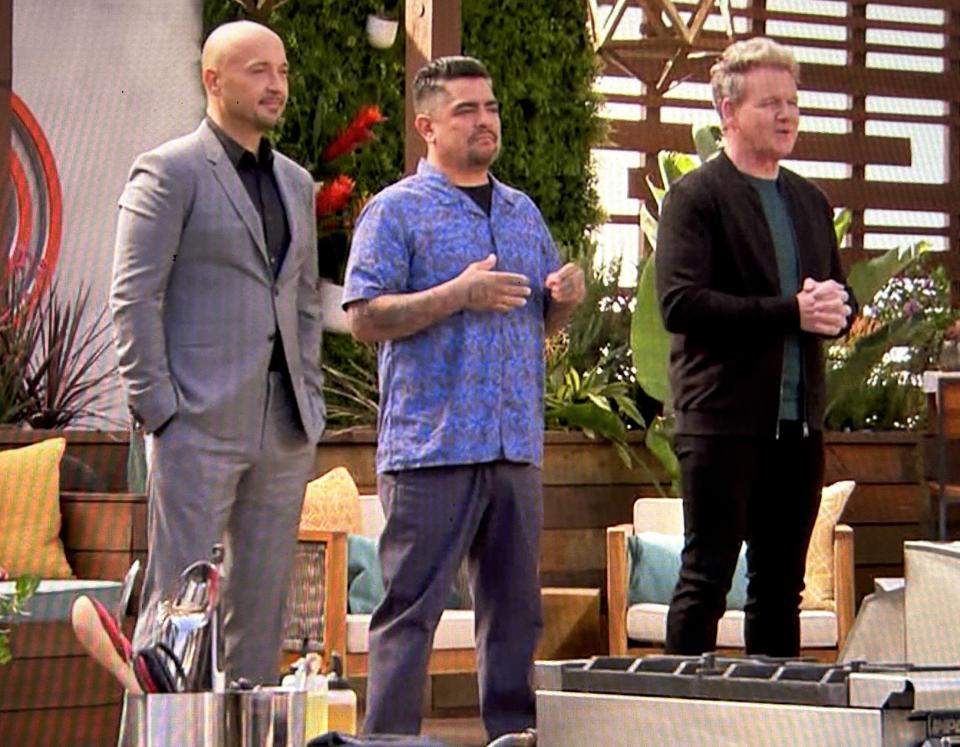 Joe Bastianich, Aarón Sánchez and Gordon Ramsey give their teams marching orders on MasterChef. (Fox)