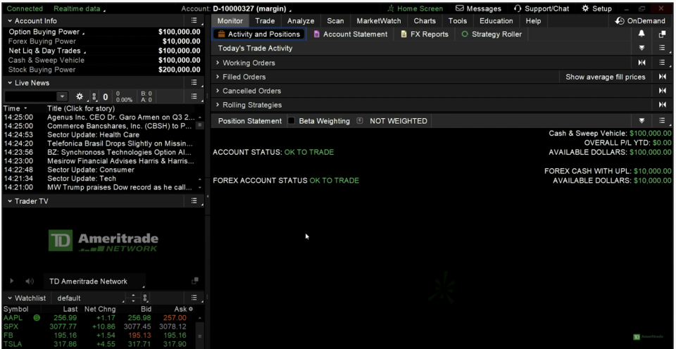 TD Ameritrade thinkorswim investment brokerage platform monitor, buy, trade, sell, US exchange listed stocks, ETFS, securities