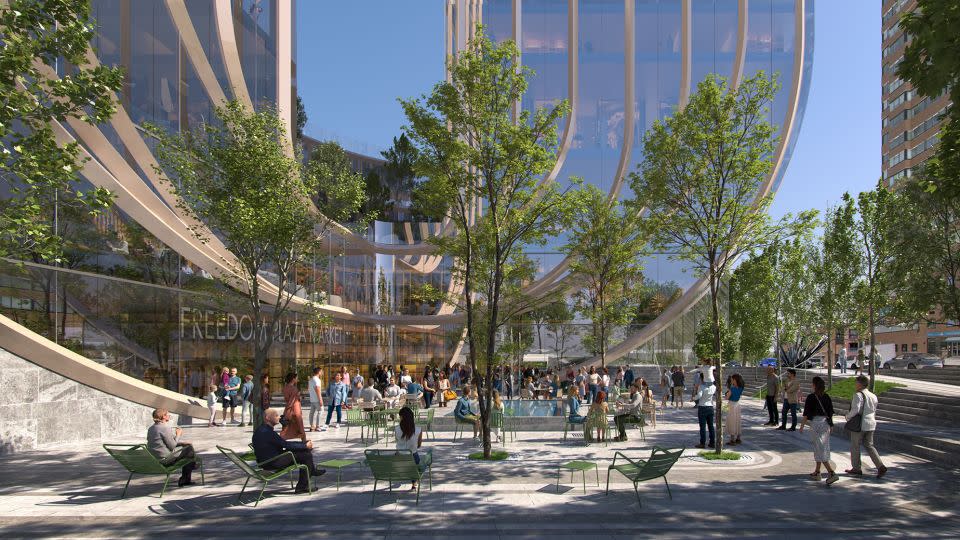 The project's two residential towers will be connected at ground level by a podium housing a food market and retail space. - Bjarke Ingels Group