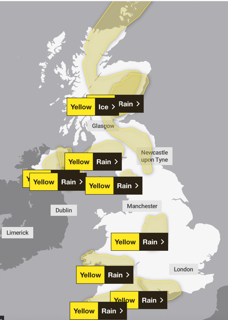 Vast swathes of the country will be affected by heavy rain causing disruption to travel, homes and businesses (The Met Office)