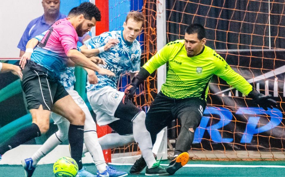 Tropics goalie, Jorge Navarrete competes vs. the St Louis Ambush in 2022. Navarrete just signed a one-year deal to stay with the Tropics.