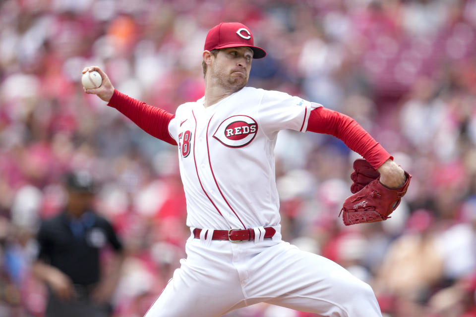 Cincinnati Reds starting pitcher Levi Stroudt throws against the Atlanta Braves in the first inning of a baseball game Sunday, June 25, 2023, in Cincinnati. (AP Photo/Jeff Dean)