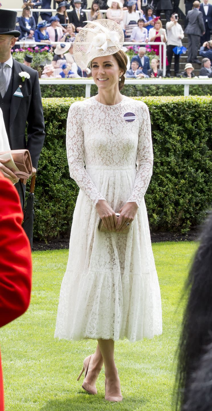 <p>The Duchess of Cambridge attends day two of the Royal Ascot in a dreamy Dolce & Gabbana lace dress and Jane Taylor hat. </p>