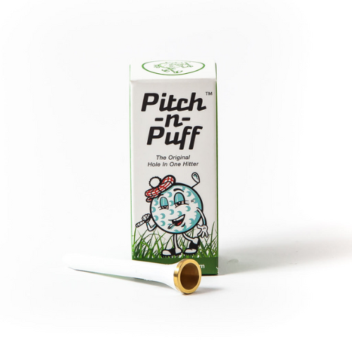 Pitch n Puff Golf Tees box with one tee outside of box
