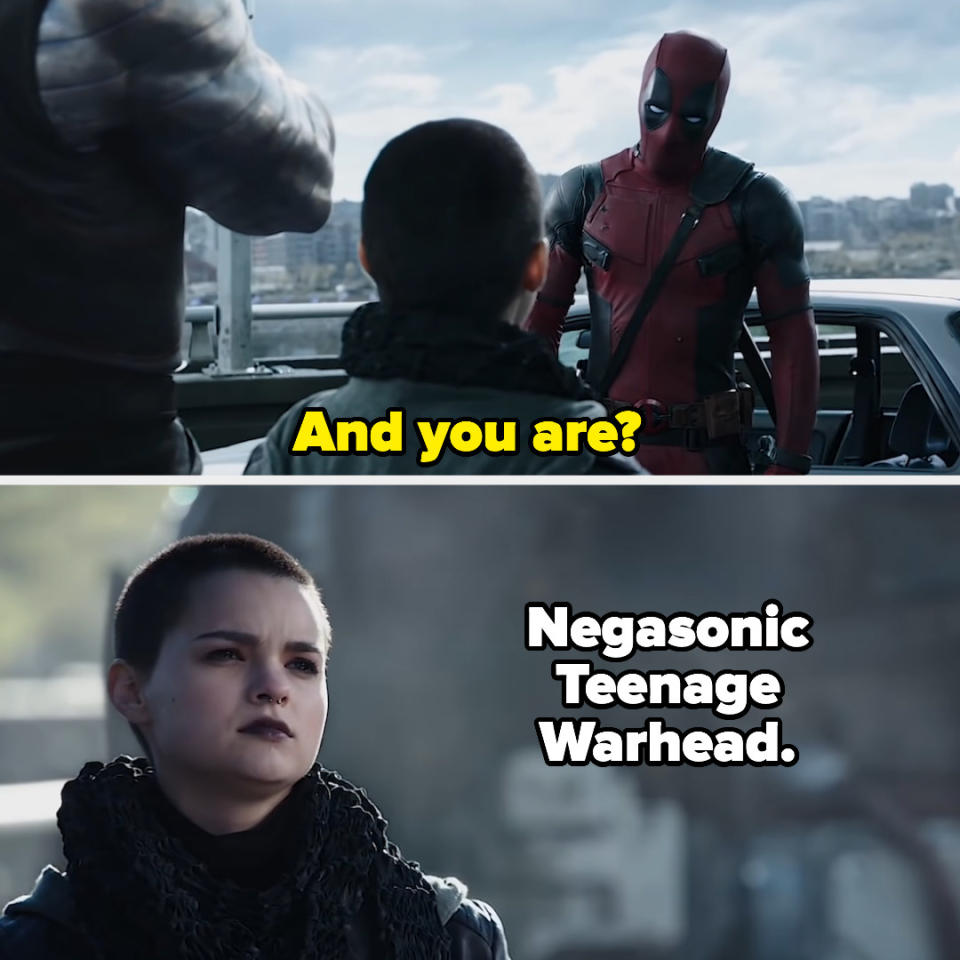 Deadpool asking, "And you are?" and a girl responding, "Negasonic Teenage Warhead"