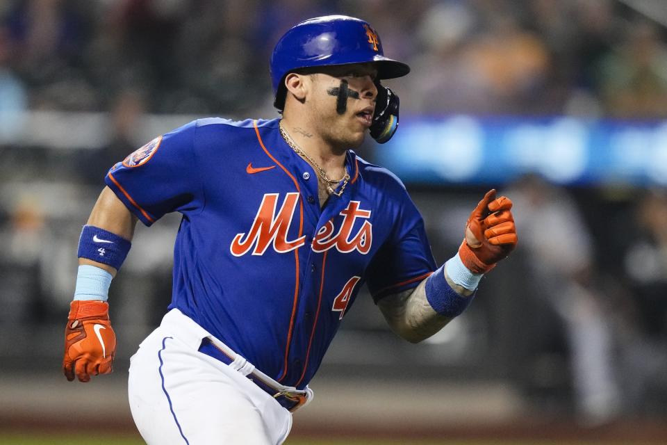 New York Mets' Francisco Alvarez runs to first base for a single against the Chicago White Sox during the eighth inning of a baseball game Wednesday, July 19, 2023, in New York. (AP Photo/Frank Franklin II)