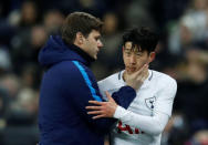 Soccer Football - FA Cup Fourth Round Replay - Tottenham Hotspur vs Newport County - Wembley Stadium, London, Britain - February 7, 2018 Tottenham's Son Heung-min is congratulated by manager Mauricio Pochettino as he is substituted REUTERS/Eddie Keogh