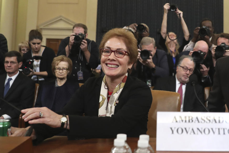 Former U.S. Ambassador to Ukraine Marie Yovanovitch arrives to testify to the House Intelligence Committee on Capitol Hill in Washington, Friday, Nov. 15, 2019, during the second public impeachment hearing of President Donald Trump's efforts to tie U.S. aid for Ukraine to investigations of his political opponents. (AP Photo/Andrew Harnik)