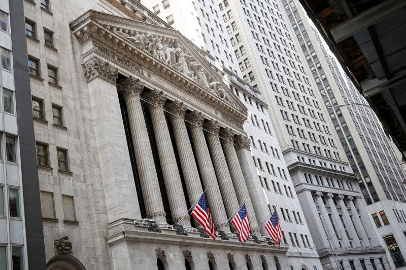 The front facade of the NYSE is seen in New York