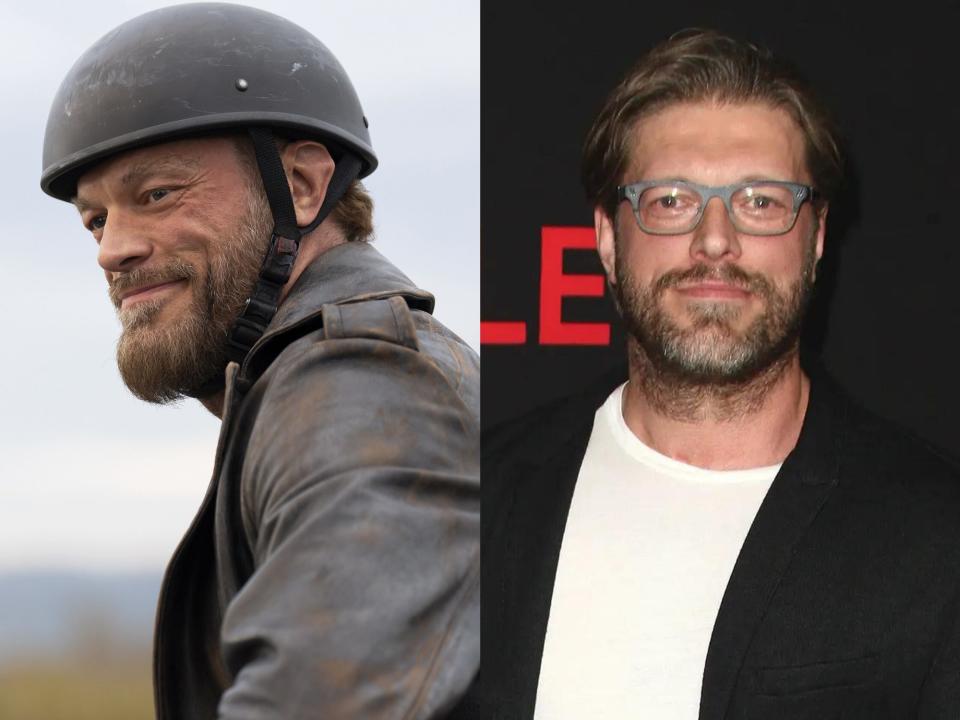 left: ares on a bike, wearing a helmet and leather jacket and smiling; right: adam copeland on a red carpet in glasses and wearing a suit jacket