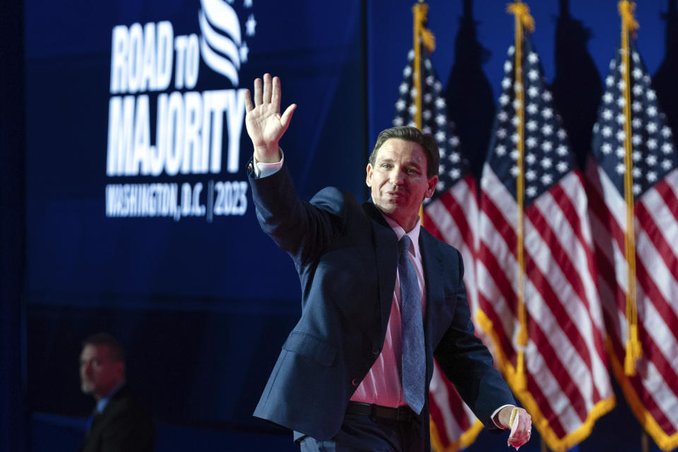 Republican presidential candidate Florida Gov. Ron DeSantis waves to supporters after speaking during the Faith and Freedom Coalition Policy Conference in Washington, Friday, June 23, 2023. (AP Photo/Jose Luis Magana)