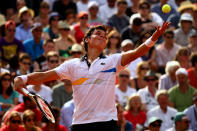 PARIS, FRANCE - JUNE 02: Milos Raonic of Canada serves during his men's singles third round match against Juan Monaco of Argentina during day seven of the French Open at Roland Garros on June 2, 2012 in Paris, France. (Photo by Matthew Stockman/Getty Images)