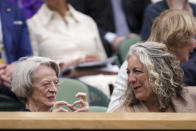 Actress Dame Maggie Smith sits with her daughter-in-law Suki Stephens in the Royal Box ahead of the final of the women's singles between the Czech Republic's Marketa Vondrousova and Tunisia's Ons Jabeur on day thirteen of the Wimbledon tennis championships in London, Saturday, July 15, 2023.(AP Photo/Alberto Pezzali)
