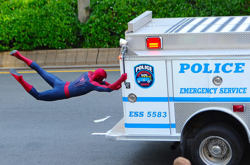 A Stuntman performs on set of "The Amazing Spider-Man 2" in NYCon June 22, 2013 in New York City.