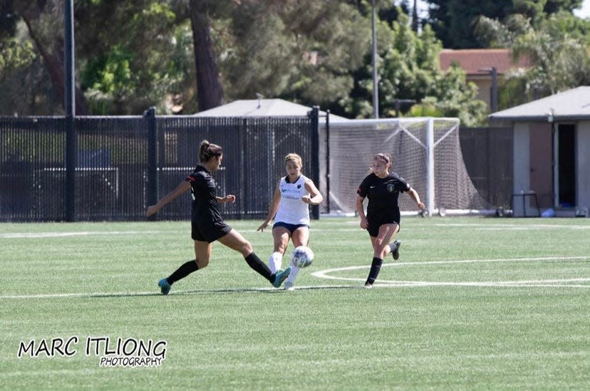 Gianna Hall of the Stockton Cargo pursues the ball during one of the team's game during the 2022-23 season.