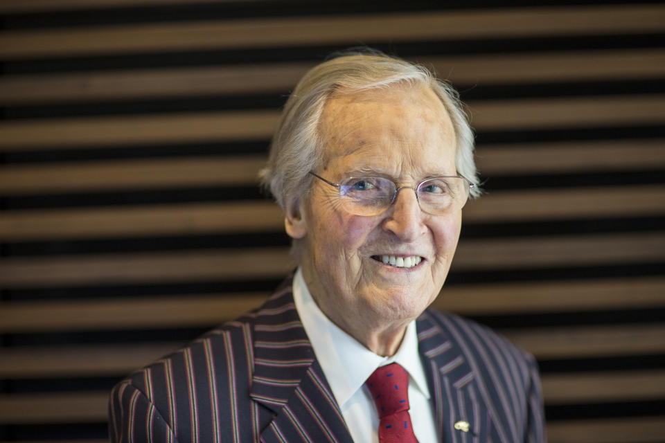 Nicholas Parsons, radio and television presenter, photographed at the FT Weekend Oxford Literary Festival on April 9, 2016 in Oxford, England.  (Photo by David Levenson/Getty Images)