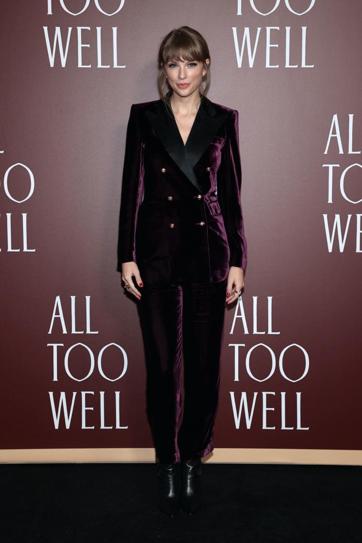 Taylor Swift wears a purple suit at the &quot;All Too Well&quot; short film premiere.