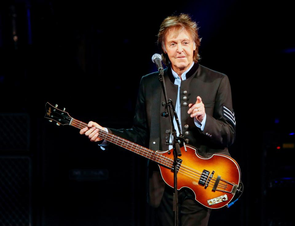 In this file photo taken on July 27, 2017 Paul McCartney performs in concert during his One on One tour at Hollywood Casino Amphitheatre in Tinley Park, Illinois. - Paul McCartney has been confirmed on November 19, 2019 as the headline act at Glastonbury music festival.