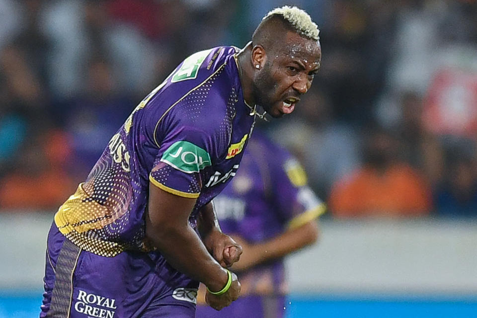 Kolkata Knight Riders' Andre Russell celebrates after taking the wicket of Sunrisers Hyderabad's Rahul Tripathi (not pictured) during the Indian Premier League (IPL) Twenty20 cricket match between Sunrisers Hyderabad and Kolkata Knight Riders at the Rajiv Gandhi International Cricket Stadium in Hyderabad on May 4, 2023. (Photo by Noah SEELAM / AFP) (Photo by NOAH SEELAM/AFP via Getty Images)