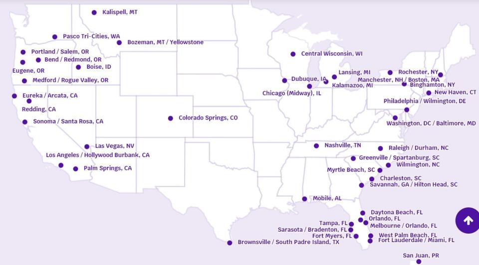 A look at cities where Avelo operates as of Thursday, according to its website. The company has not yet announced which cities it will fly directly to from Lakeland yet.