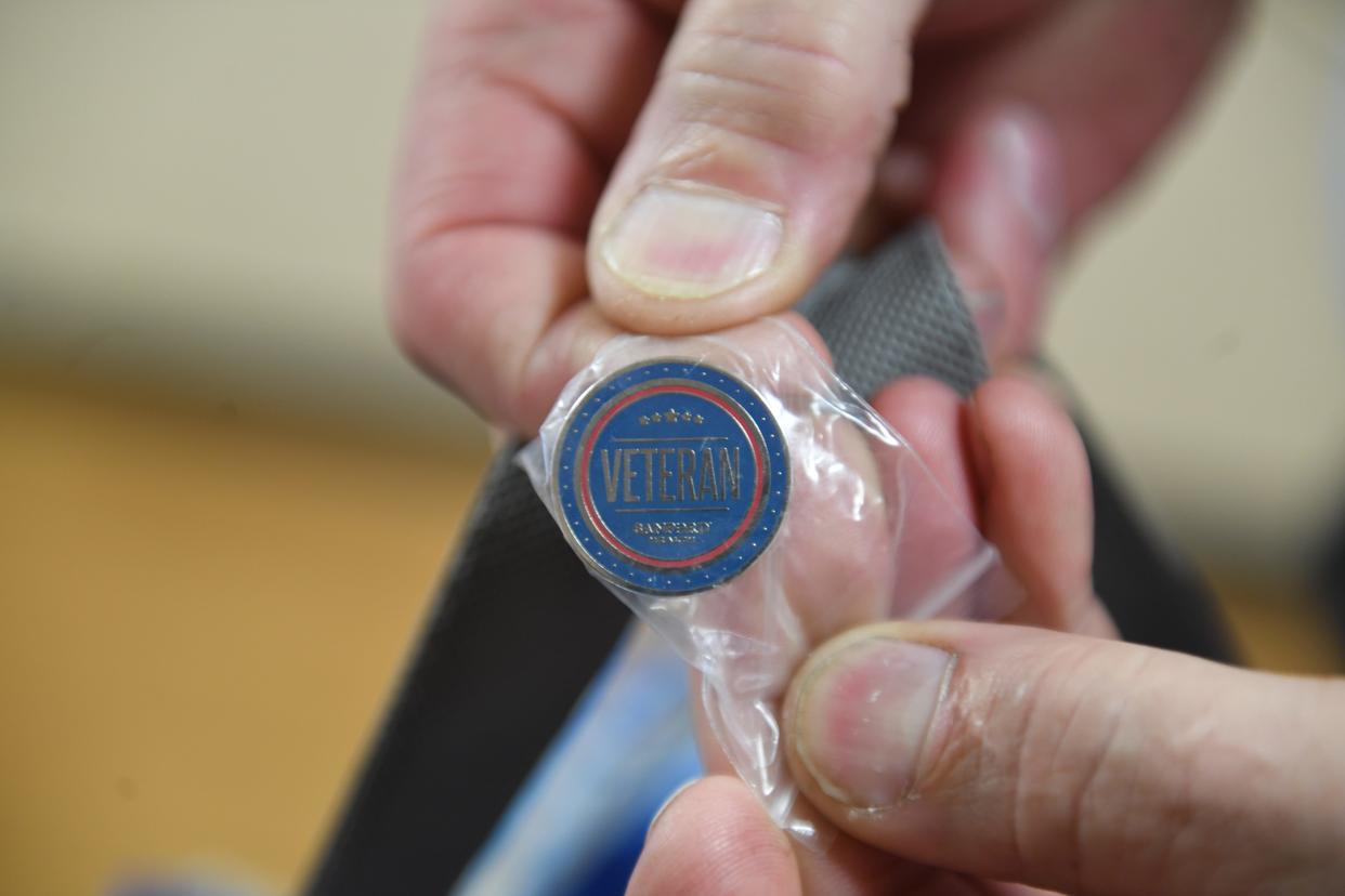 A pin given to every veteran who is a patient at Sanford Health on Friday, Nov. 10, 2023 at Sanford USD Medical Center in Sioux Falls, South Dakota.