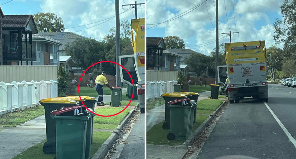 Council worker collecting garbage on residential street. 