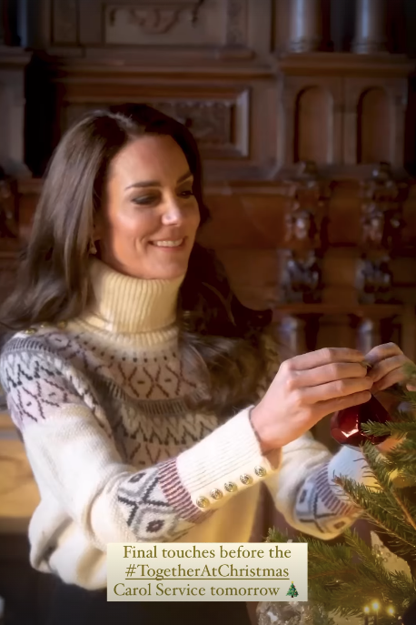 The Princess of Wales wore a fairisle sweater to decorate a Christmas tree in a video share to social media on Wednesday. Image via Instagram/princeandprincessofwales.