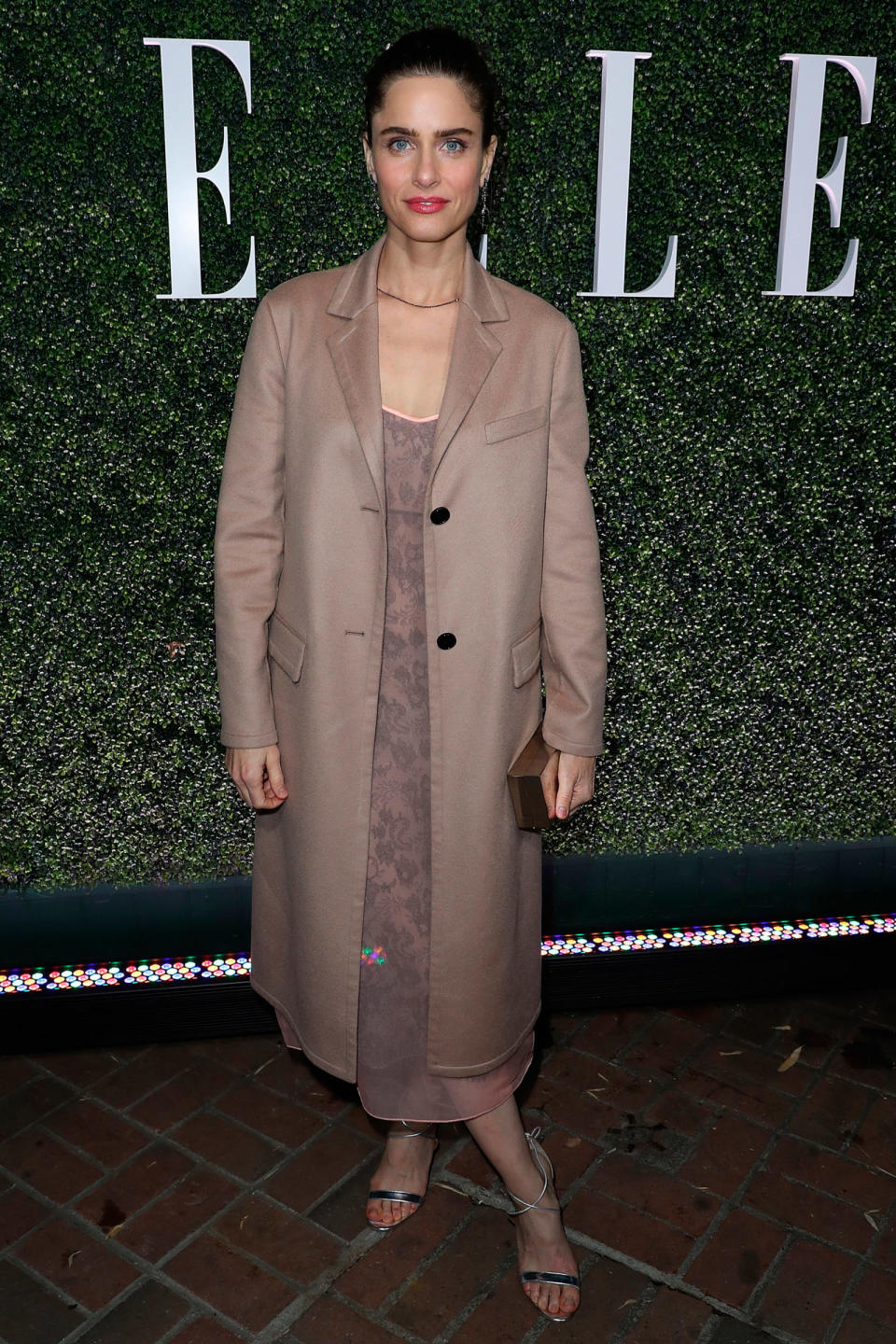 <p><strong>14 January</strong> Amanda Peet chose a lace dress with a tailored coat and silver sandals.</p>