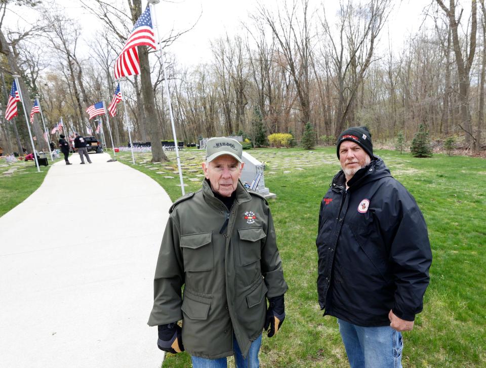 Phillip Weitlauf and Clint Symons of the Michigan War Dog Memorial at the site in South Lyon on Saturday, April 20, 2024.
Later this fall the memorial will start allowing service horses to be interred there in addition to the many war dogs that are buried there.