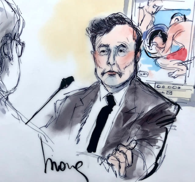 Courtroom sketch shows Elon Musk during the trial in a defamation case filed by British cave diver Vernon Unsworth, who is suing the Tesla chief executive for calling him a "pedo guy" in one of a series of tweets, in Los Angeles