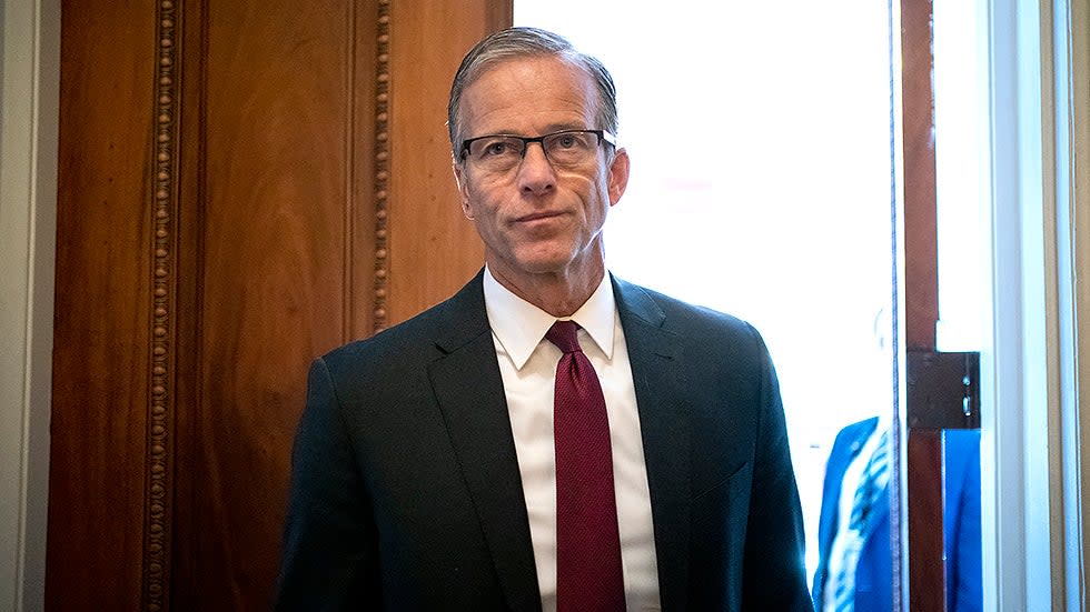 Sen. John Thune (R-S.D.) speaks to reporters after a nomination vote on Wednesday, November 3, 2021.